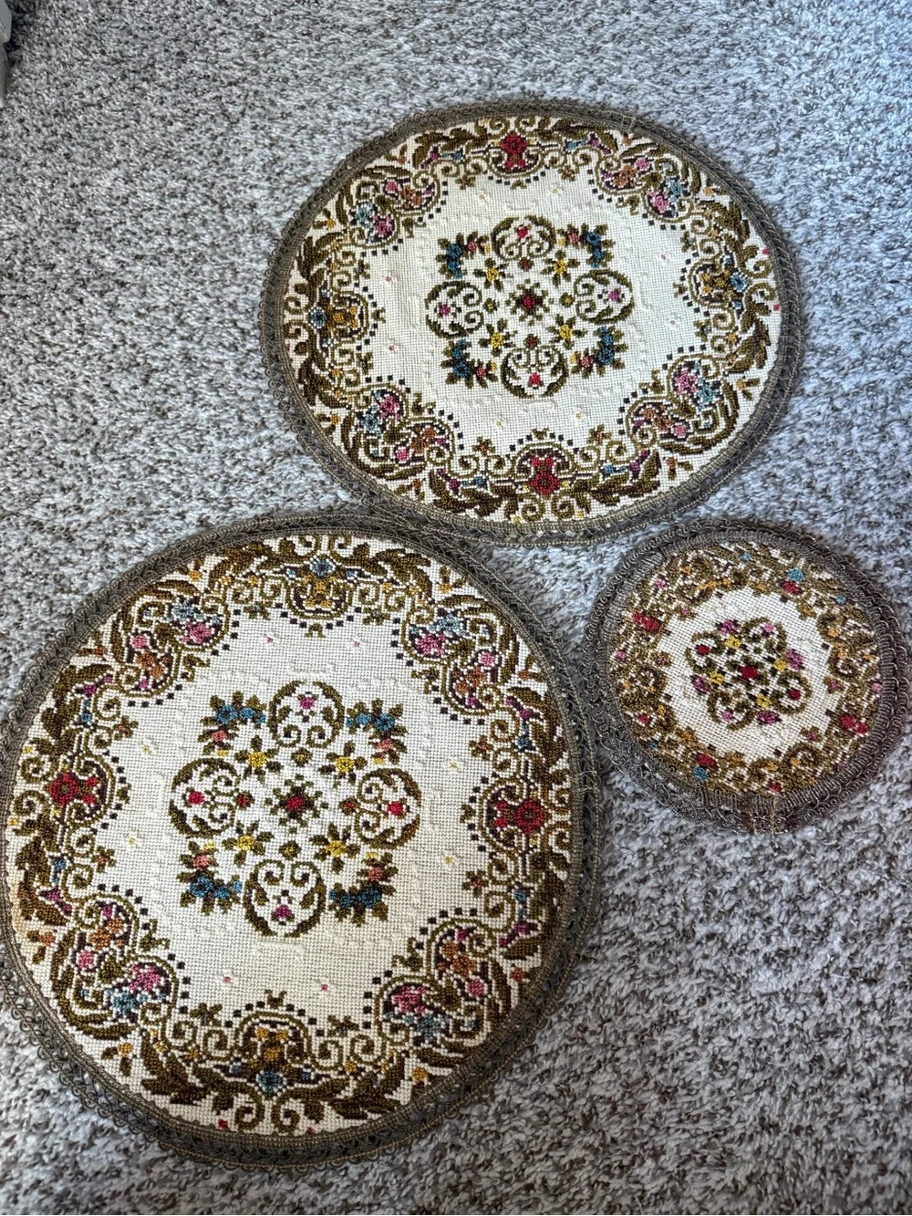 Vintage Belgium Floral Tapestry Doily Round set of 3
